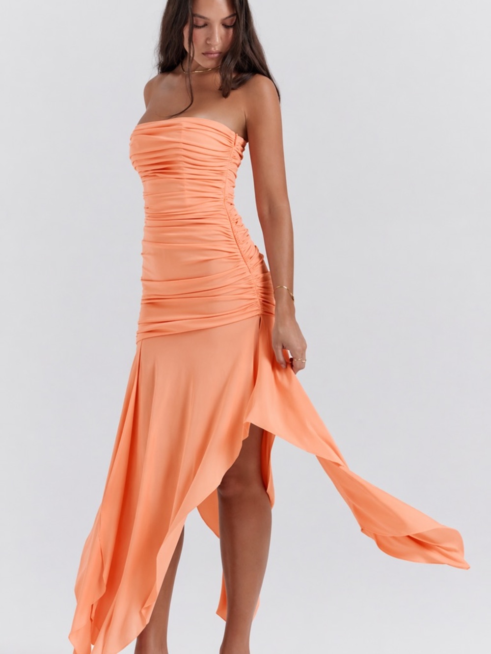 House of CB Peach Ruched Asymmetrical Midi Dress Draped Bodycon M NWOT Offers 😍